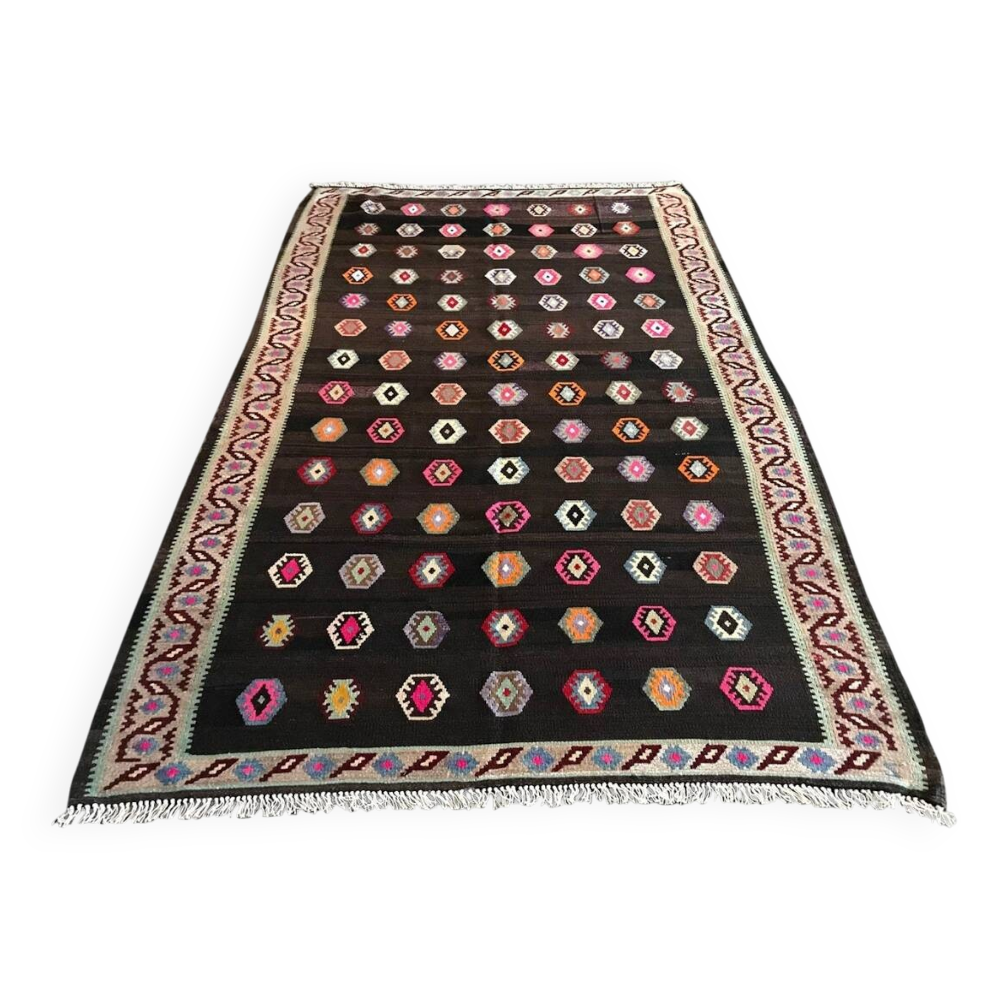 Old Black Anatolian Oushak Kilim Rug