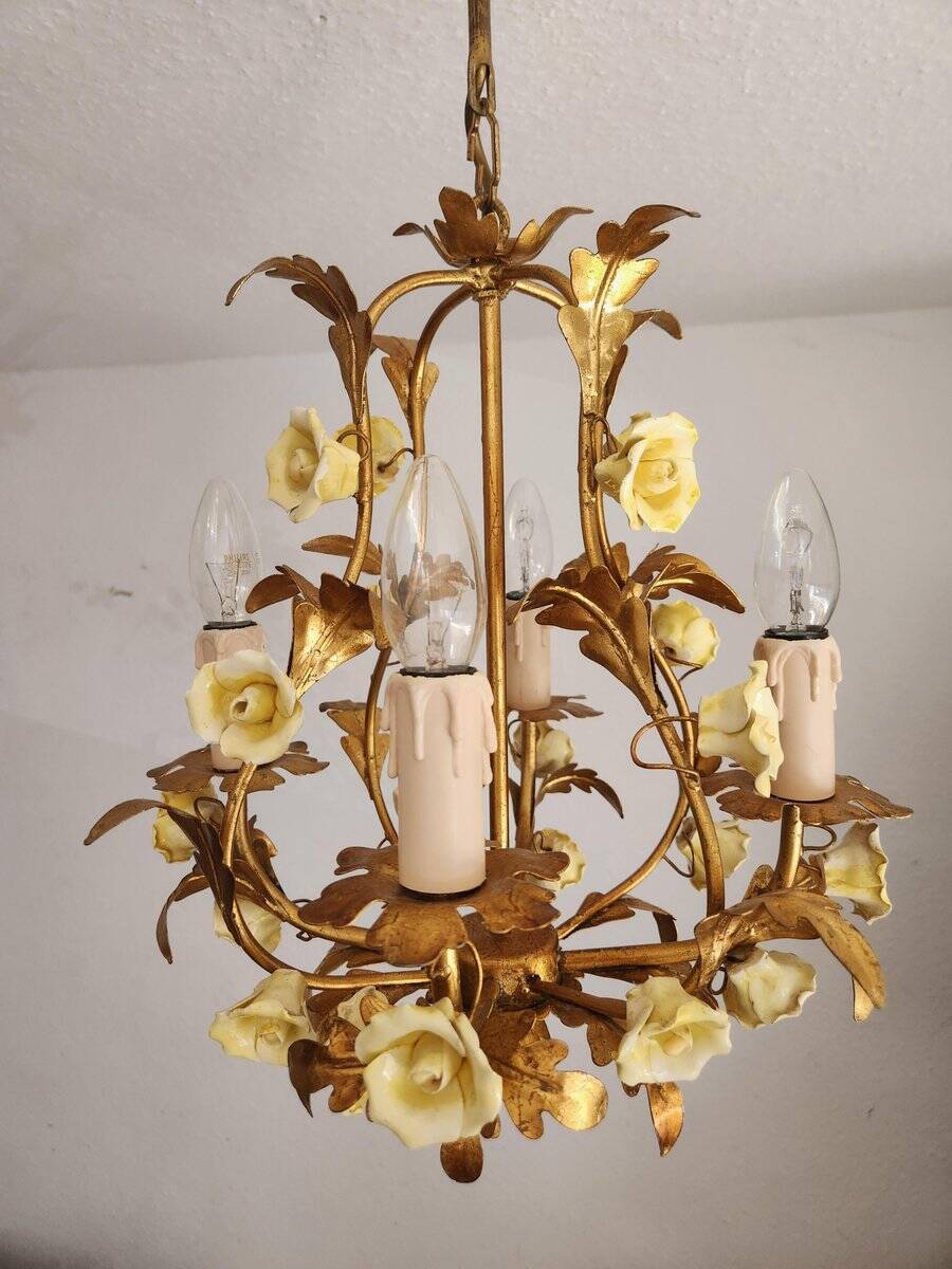 Hollywood Regency Vintage gold plated ceiling lamp porcelain roses Italy
