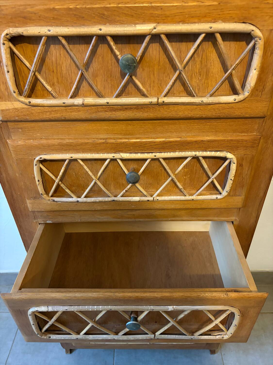 Vintage oak and rattan chest of drawers