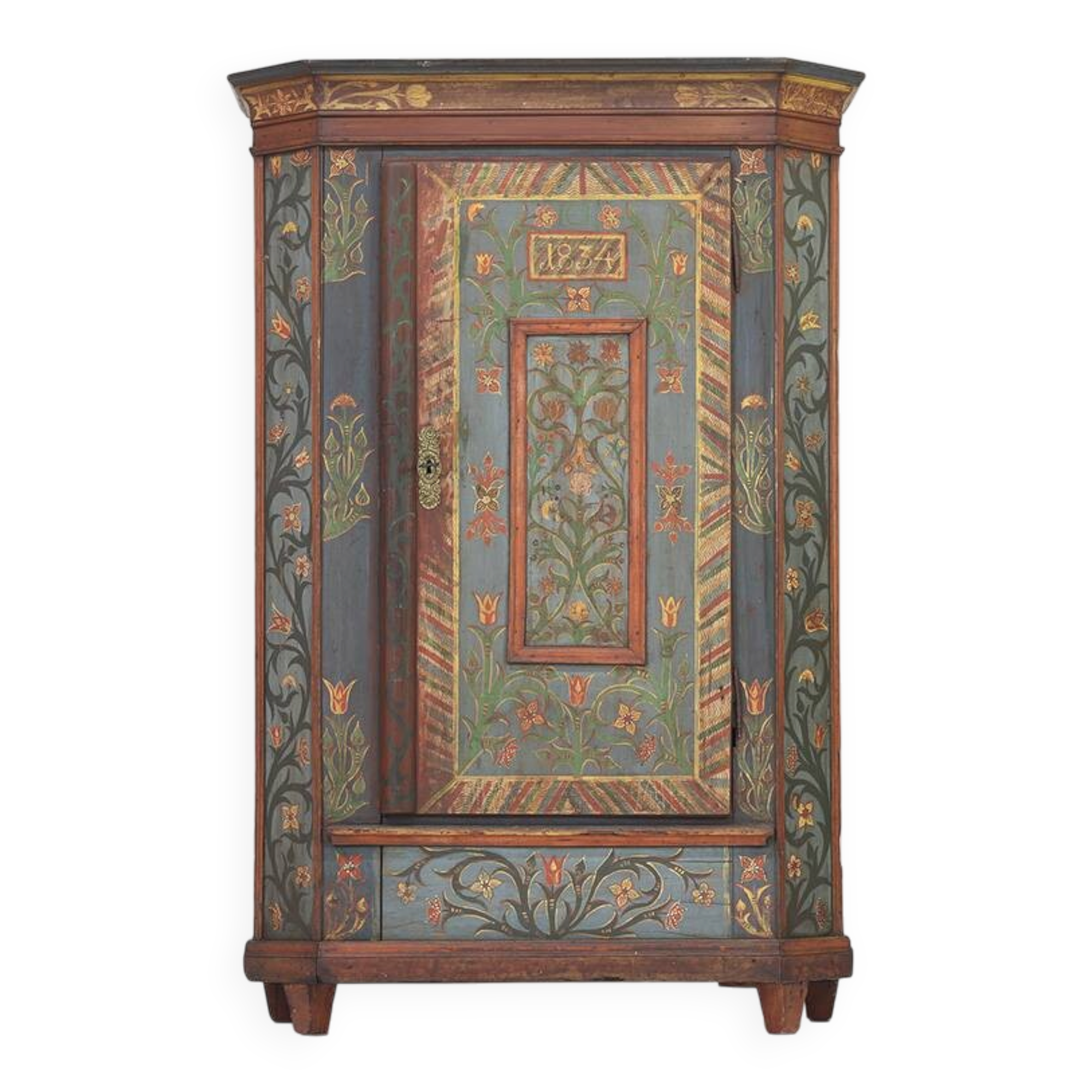 Rustic Farmhouse Folk Art Painted Bridal Cabinet 1834