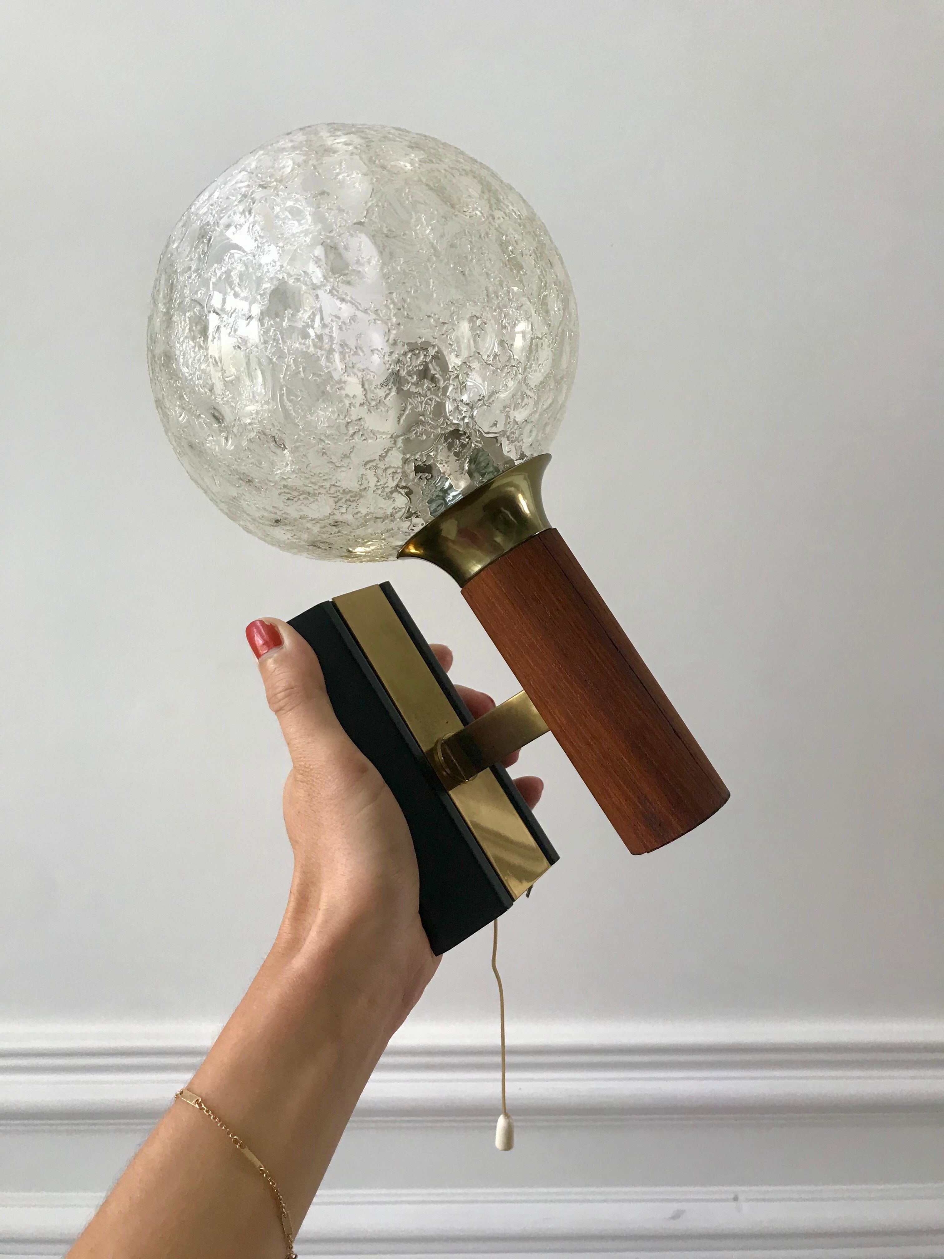 Pair of wall sconces balls in blown glass, metal and teak style 50s