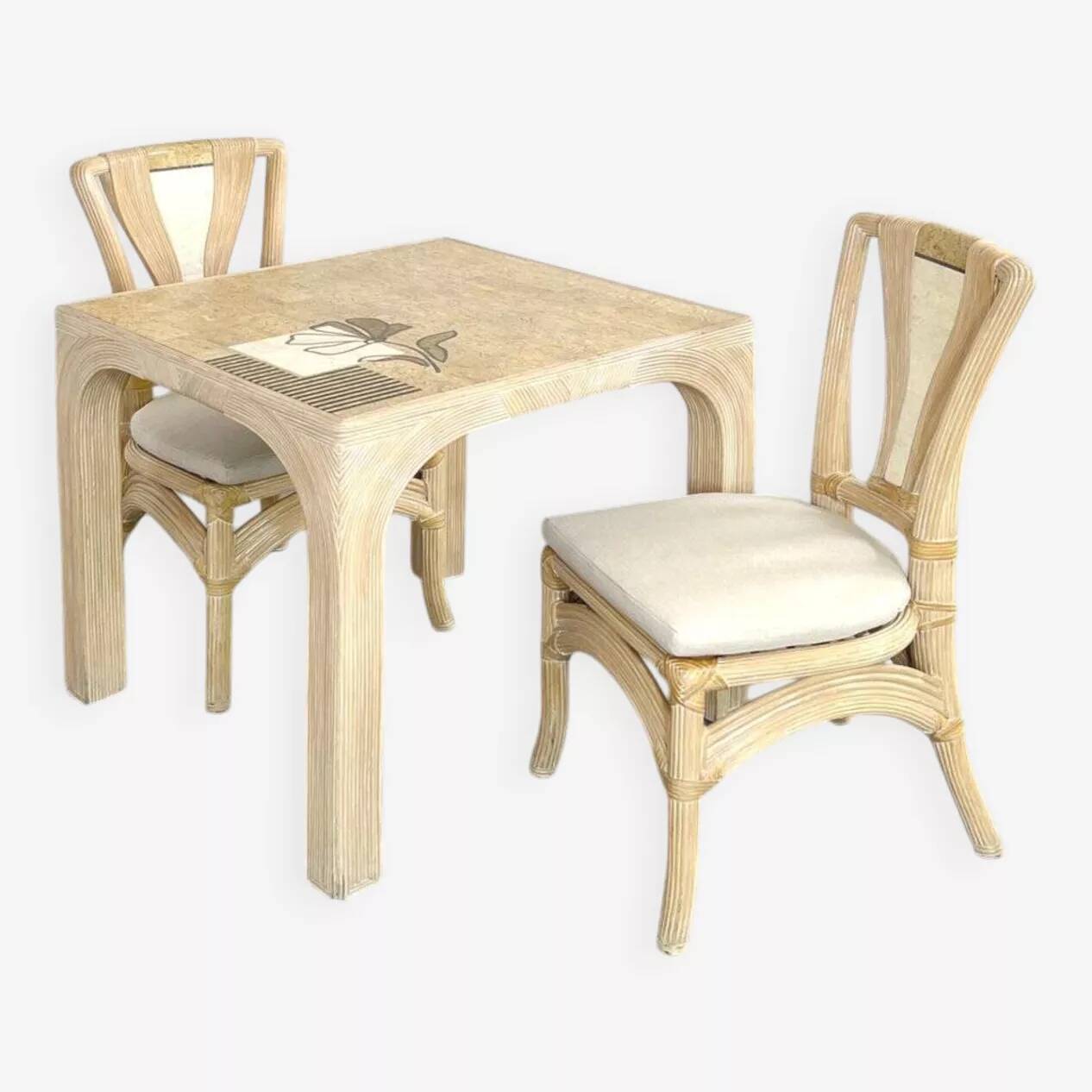 Square Rattan and Stone Marquetry Table with Matching Chairs, 1970