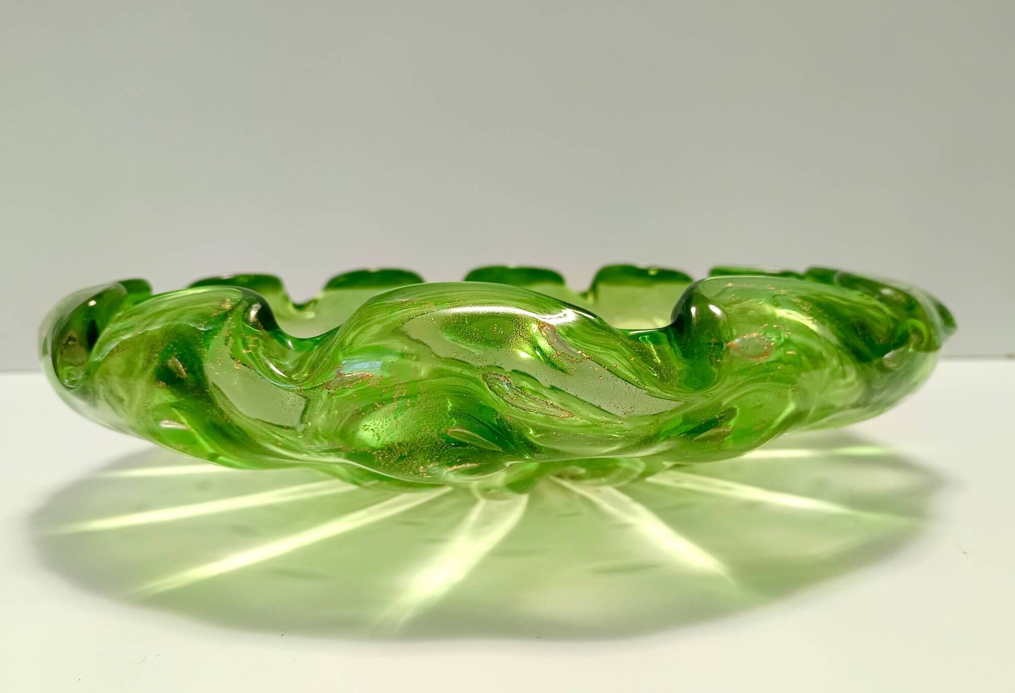 Large Green Bullicante Murano Glass Bowl or Centerpiece with Gold Leaf