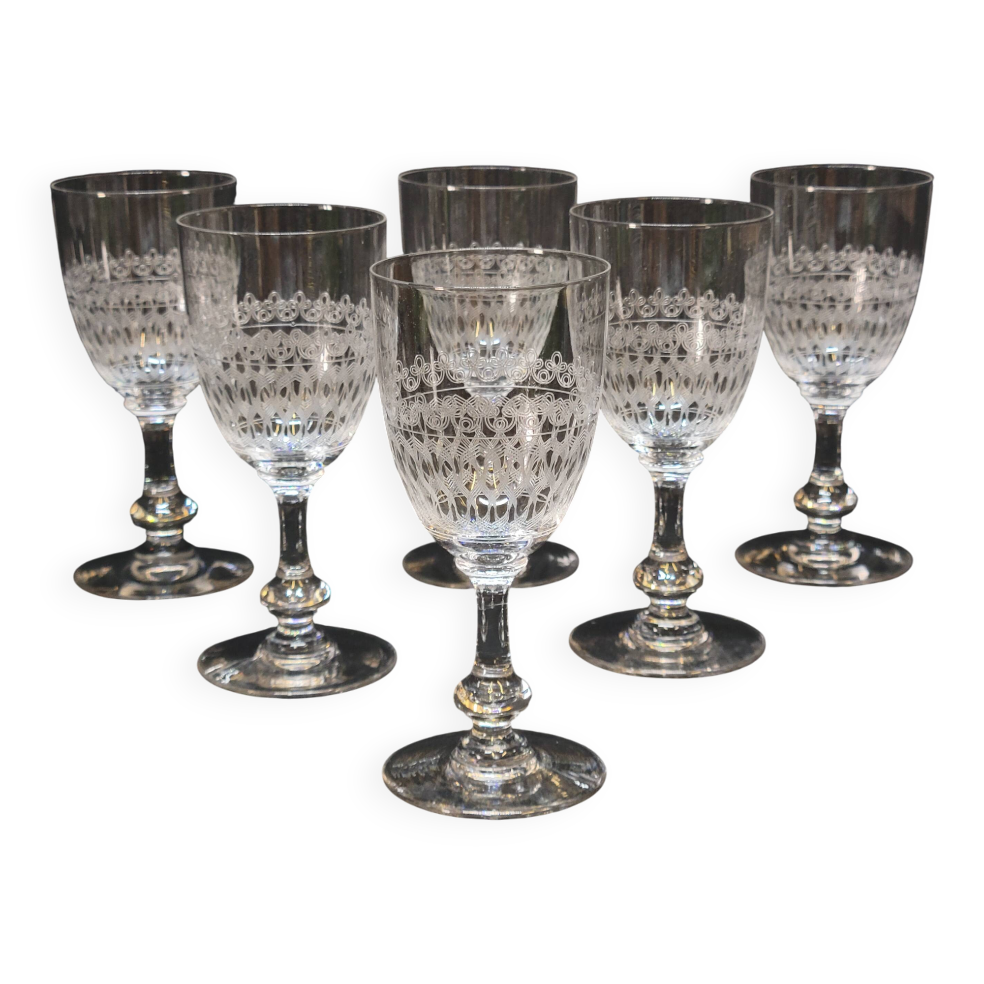 6 Antique Baccarat Crystal Engraved Wine/Port Glasses