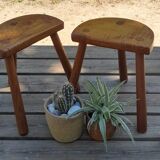 Duo of French half-moon farm stools tripod 60s