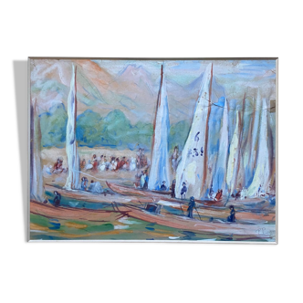 Tableau grande gouache de Paul Paquereau 1871-1950 "les régates"