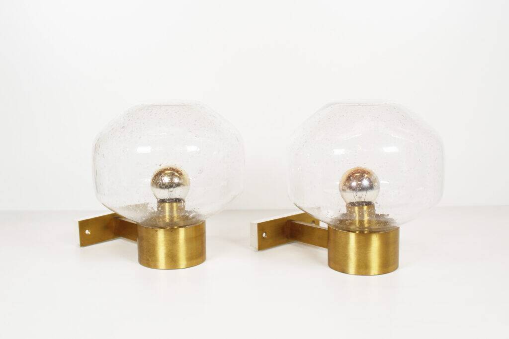 Pair of vintage brass and mouth blown glass wall lights