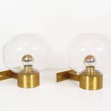 Pair of vintage brass and mouth blown glass wall lights