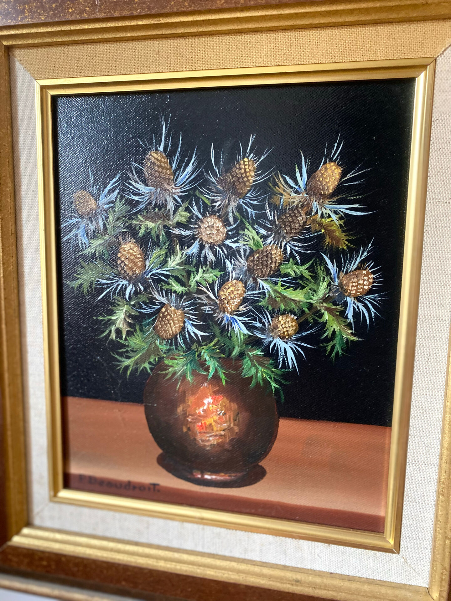 Still life with thistles, oil on canvas signed P. Beaudroit, 1992