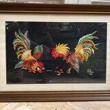 Old tapestry canvas g. perrin roosters signed + wooden frame #b549