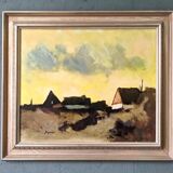Mid-Century Modern Swedish "Yellow Skies" Vintage Landscape Oil Painting, Framed