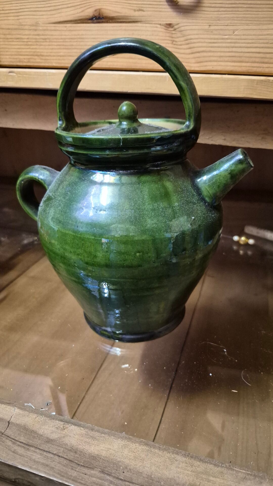 Old green glazed earthenware goat, pottery from Savoie, Broc Verseu.