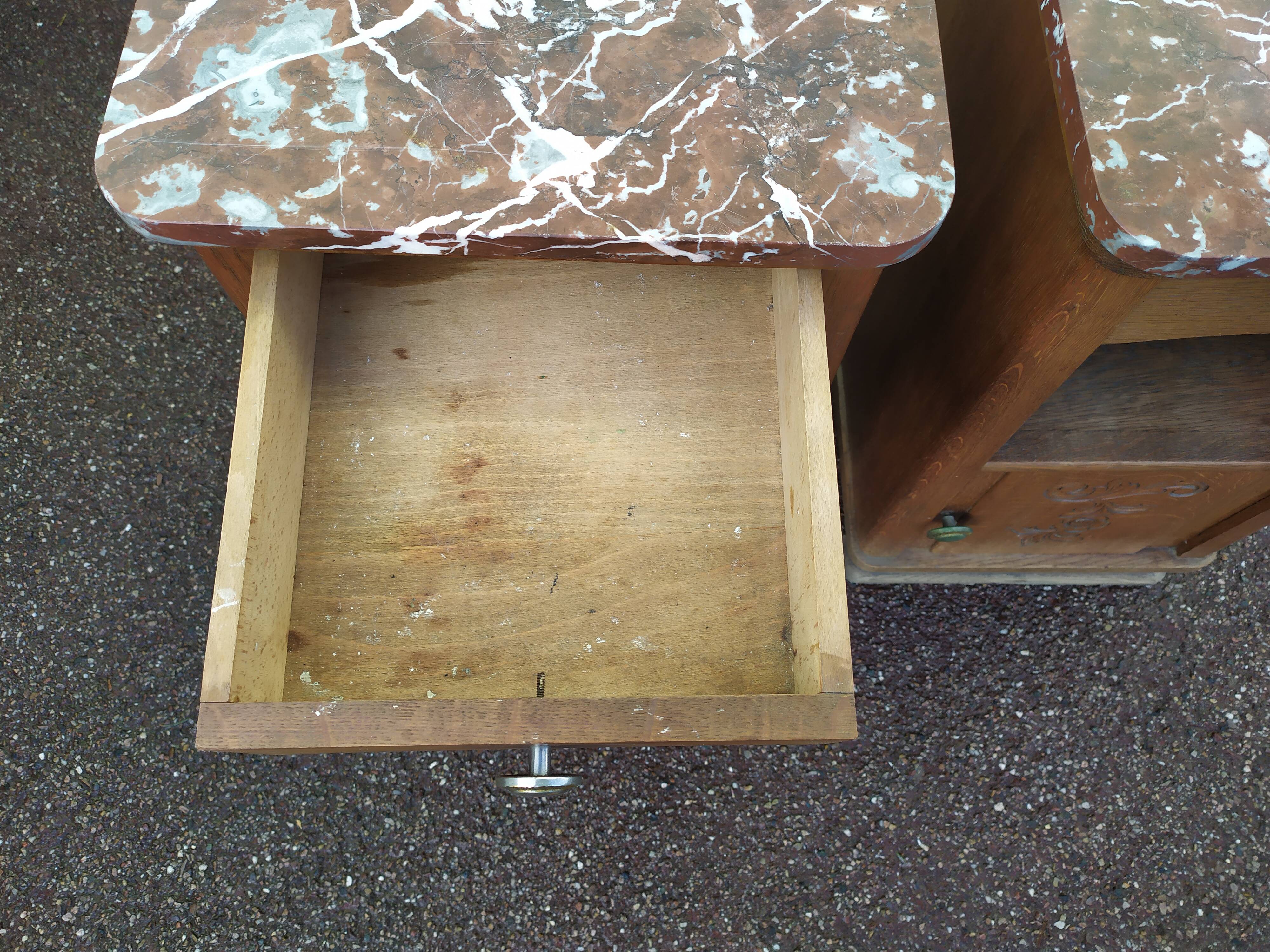 Set of 2 1950 Wood and Marble Bedside Tables