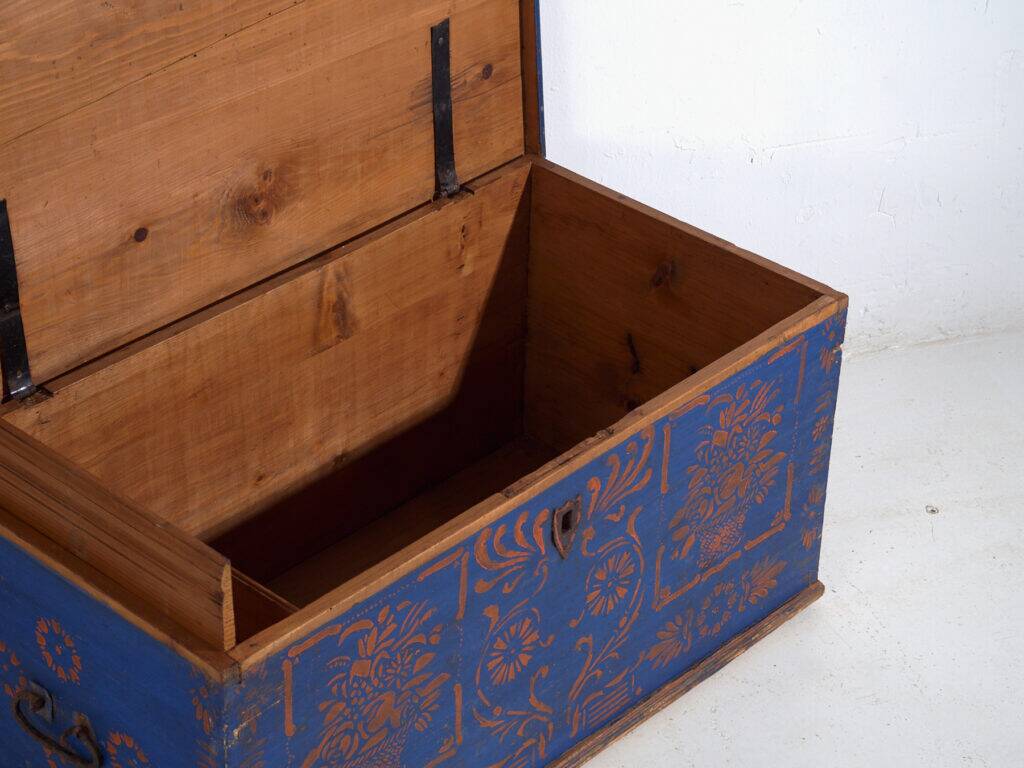 Antique wooden chest painted blue – folk art – Central Europe around 1900