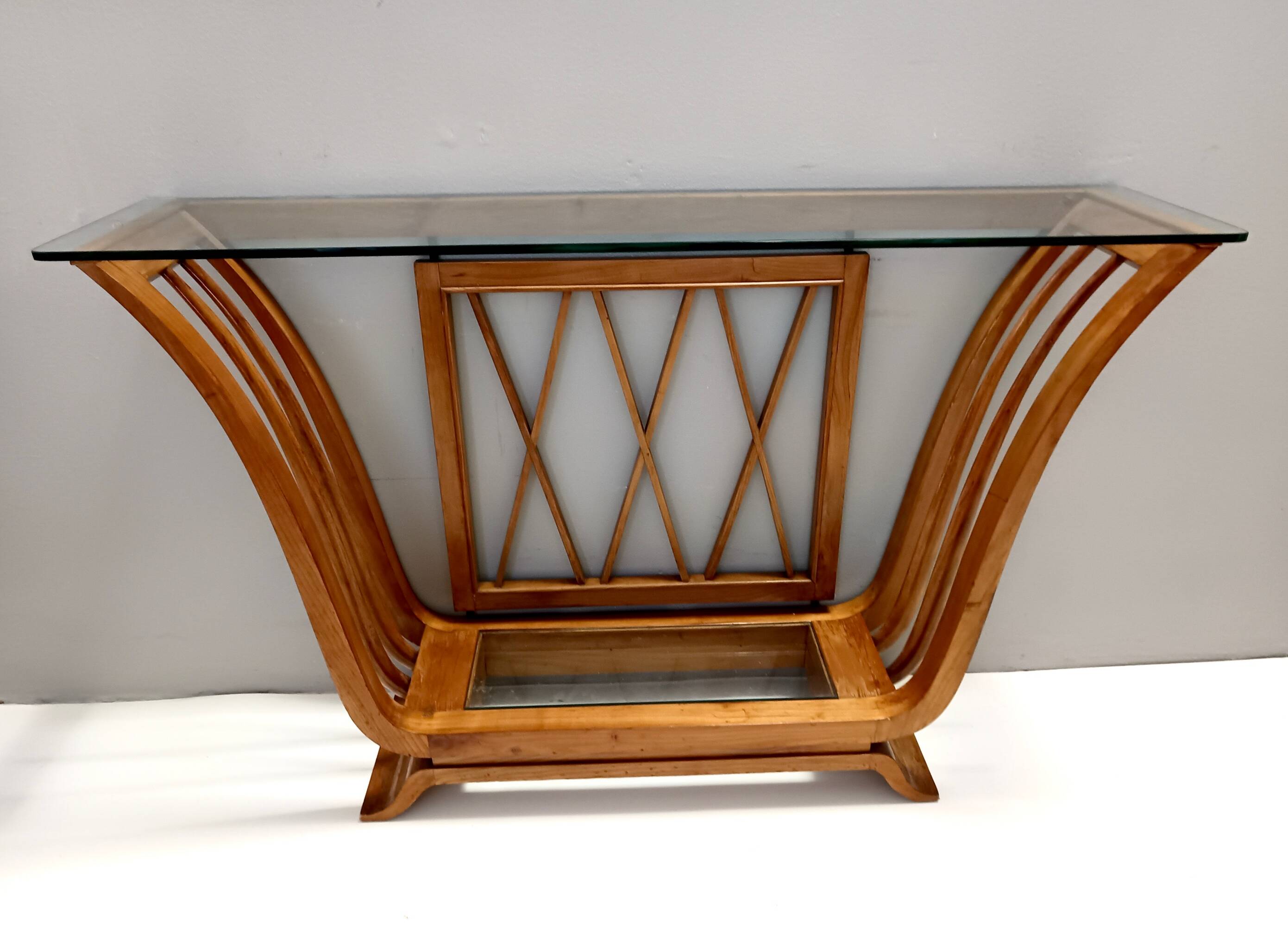 Art Deco Cherrywood Console Table with a Rectangular Glass Top, Italy