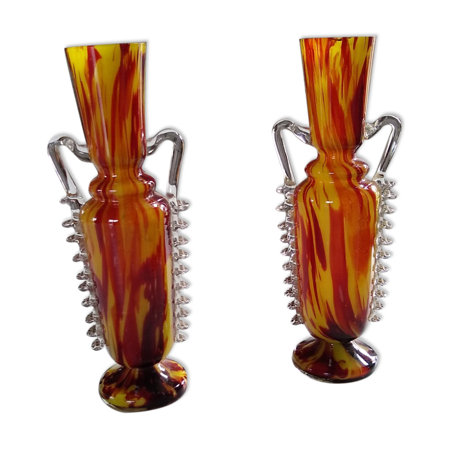 Pair of vases from the Clichy glassworks, orange-yellow marbled, in the shape of an amphora