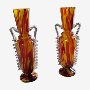 Pair of vases of the glassworks of Clichy orange marbled yellow in the shape of an amphora