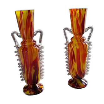 Pair of vases from the Clichy glassworks, orange-yellow marbled, in the shape of an amphora