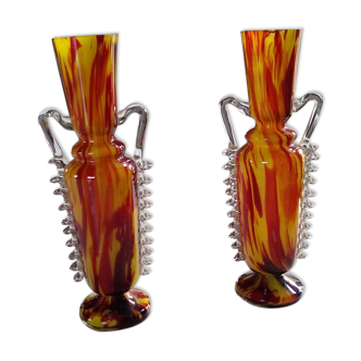 Pair of vases of the glassworks of Clichy orange marbled yellow in the shape of an amphora