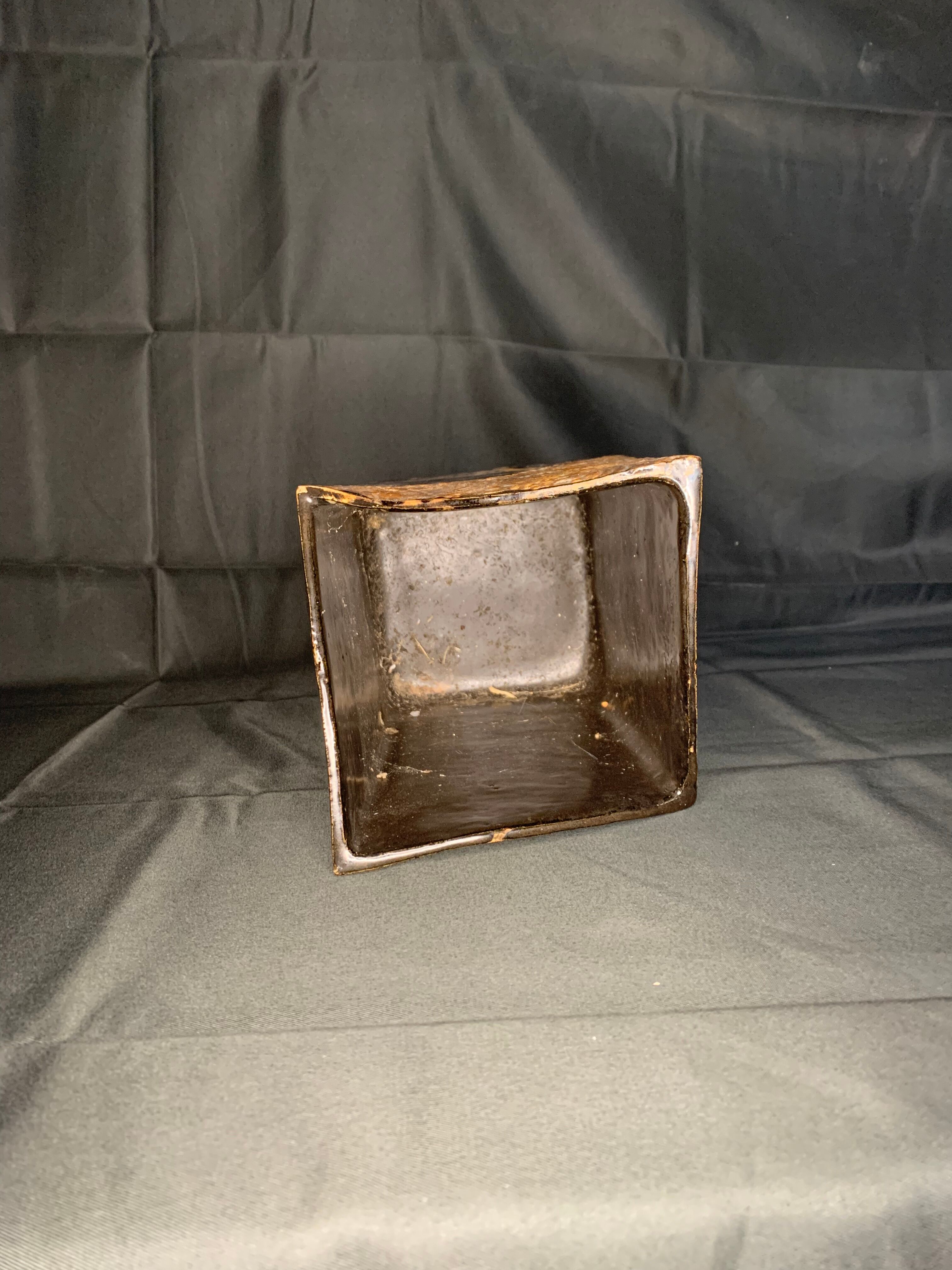 Vintage brown square ceramic vase