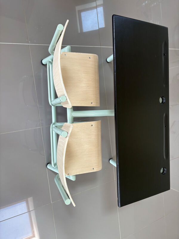 Bureau écolier vintage 2 places entièrement rénové – Plateau ardoise