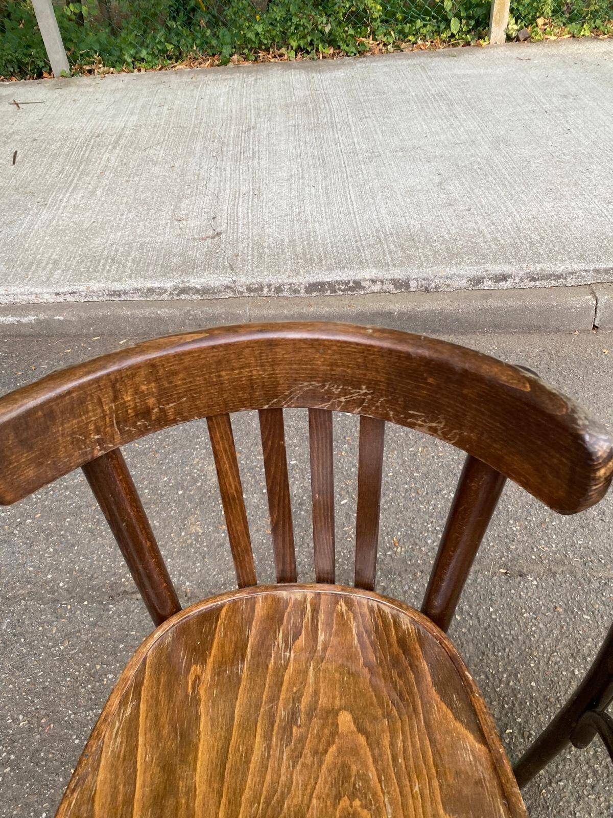 2 solid wood curved walnut bistro chairs in burgundy