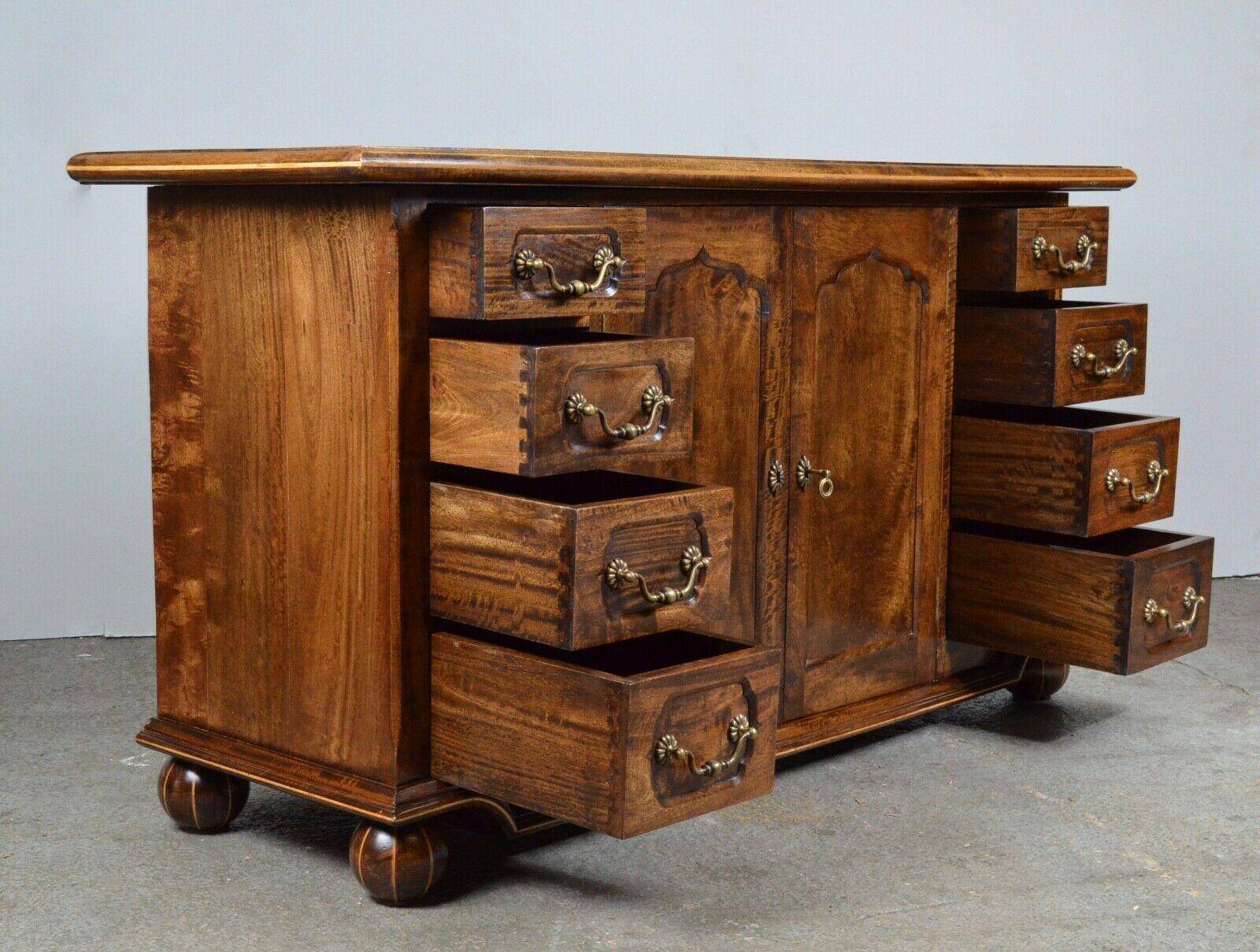 Rustic walnut sideboard with inlaid parquetry, vintage quality.