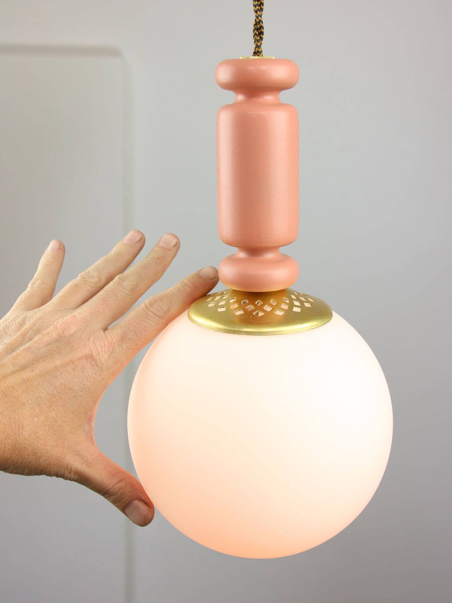 Mid-Century Italian Brass & Opaline Glass Pendant Lamps, Set of 2
