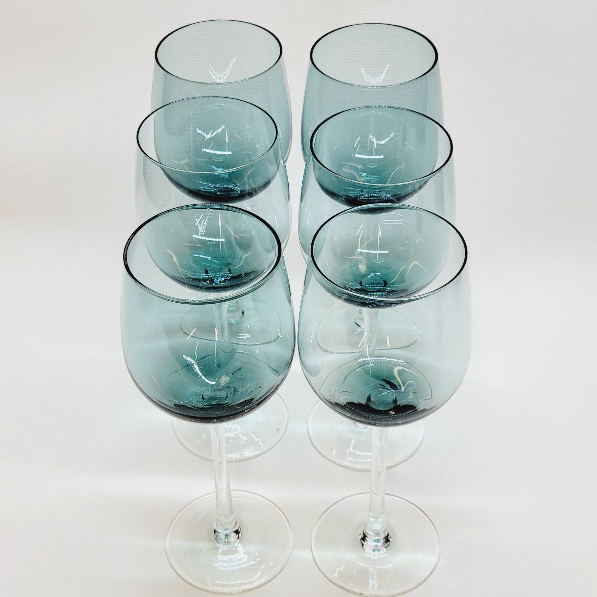 6 Large Wine or Water Balloon Glasses in Petrol Blue Color Blown Glass