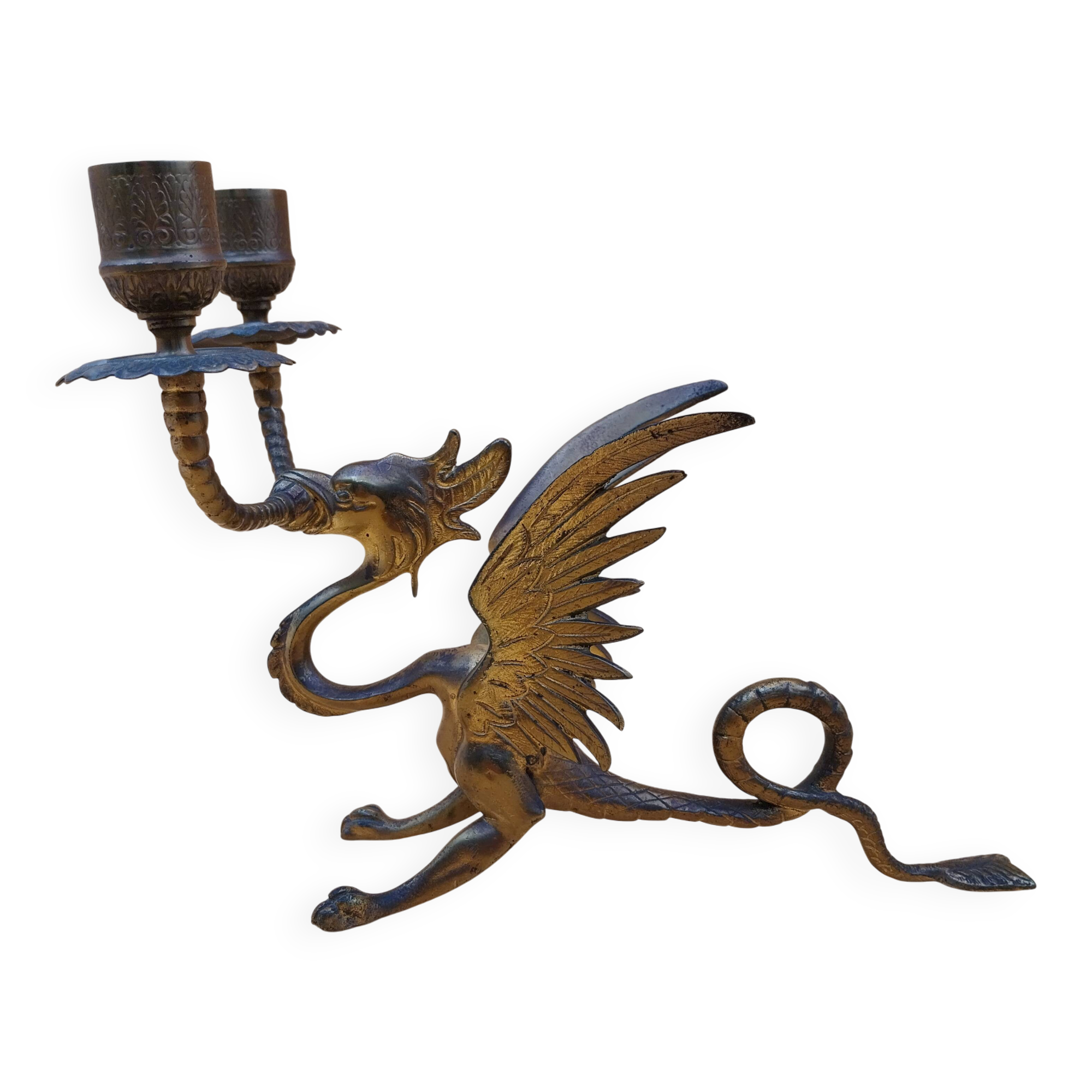 Pair of bronze candlesticks with chimera dragons