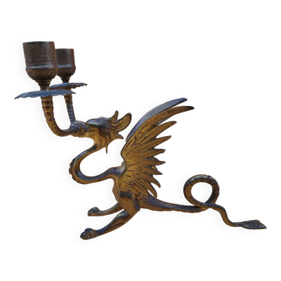 Paire de bougeoirs en bronze dragon chimère