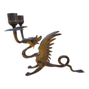 Paire de bougeoirs en bronze dragon chimère