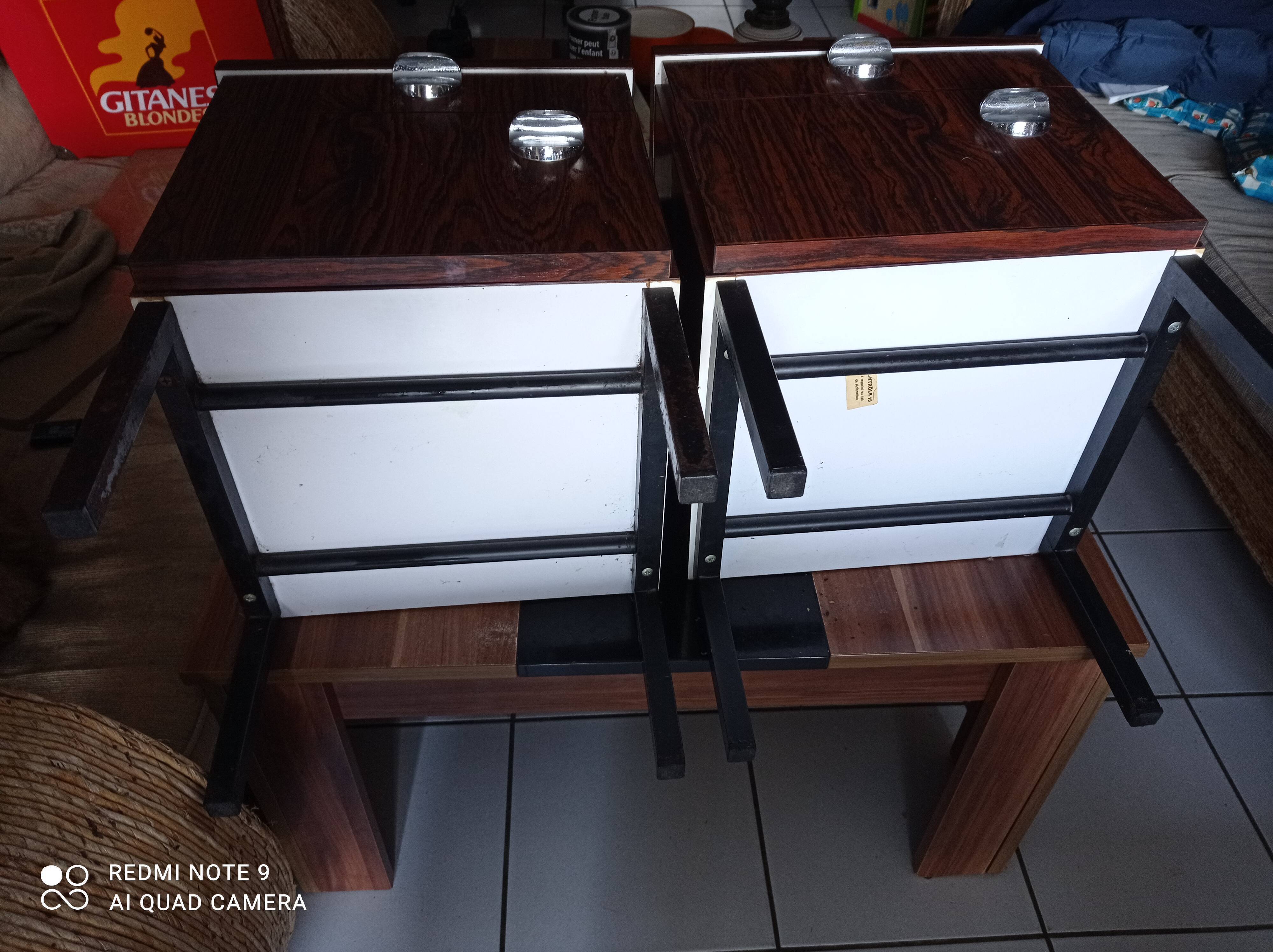 Pair of bedside tablesn end of vintage formica sofa
