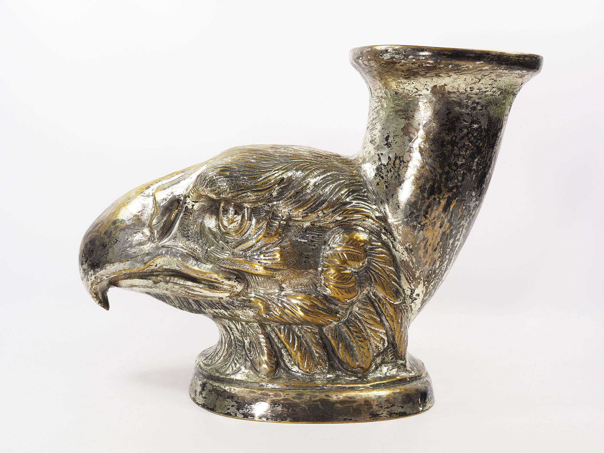 Ancient Vase Rhyton Eagle Head in Silver Brass-1900s