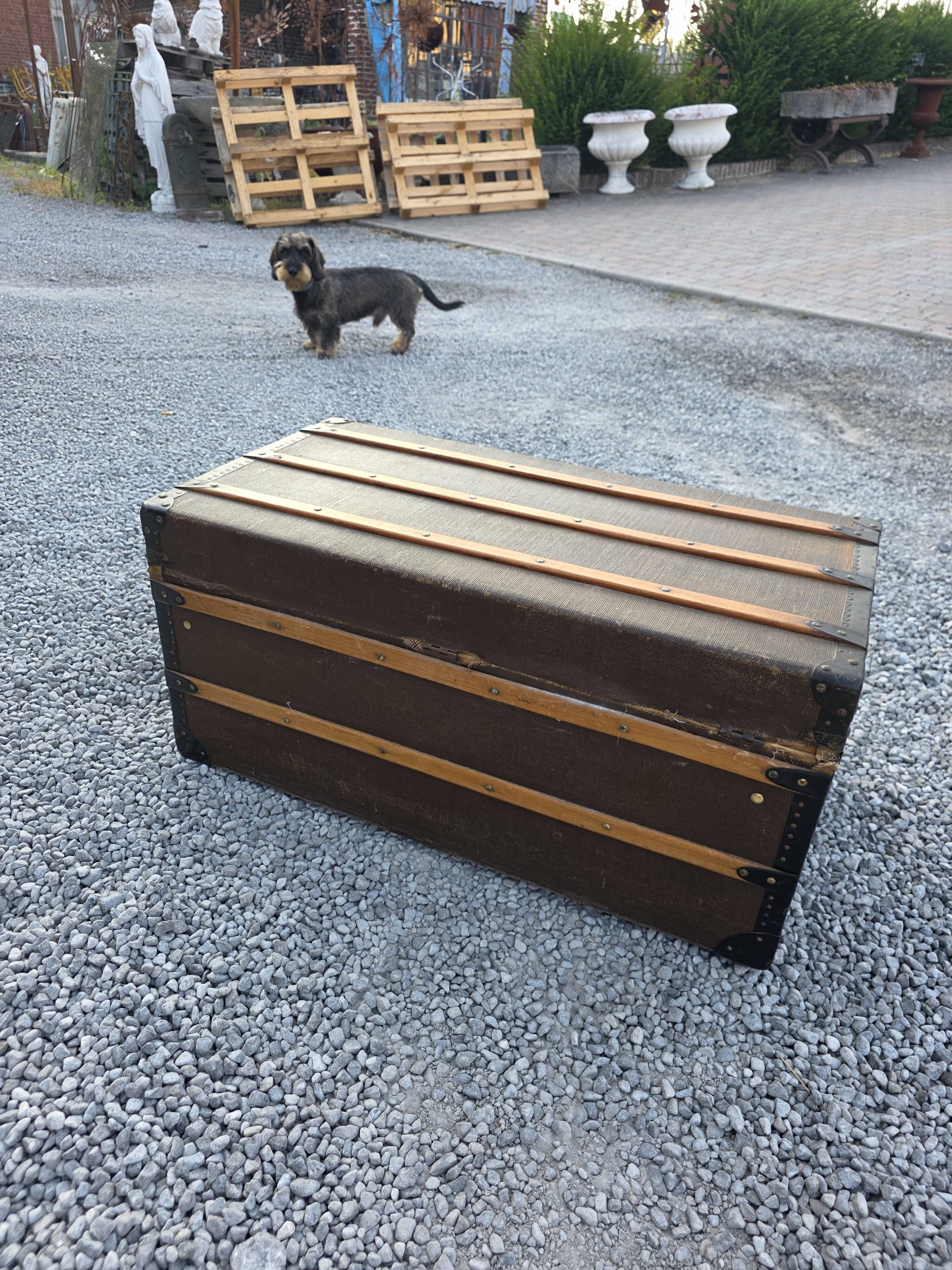 Old travel trunk in oilcloth
