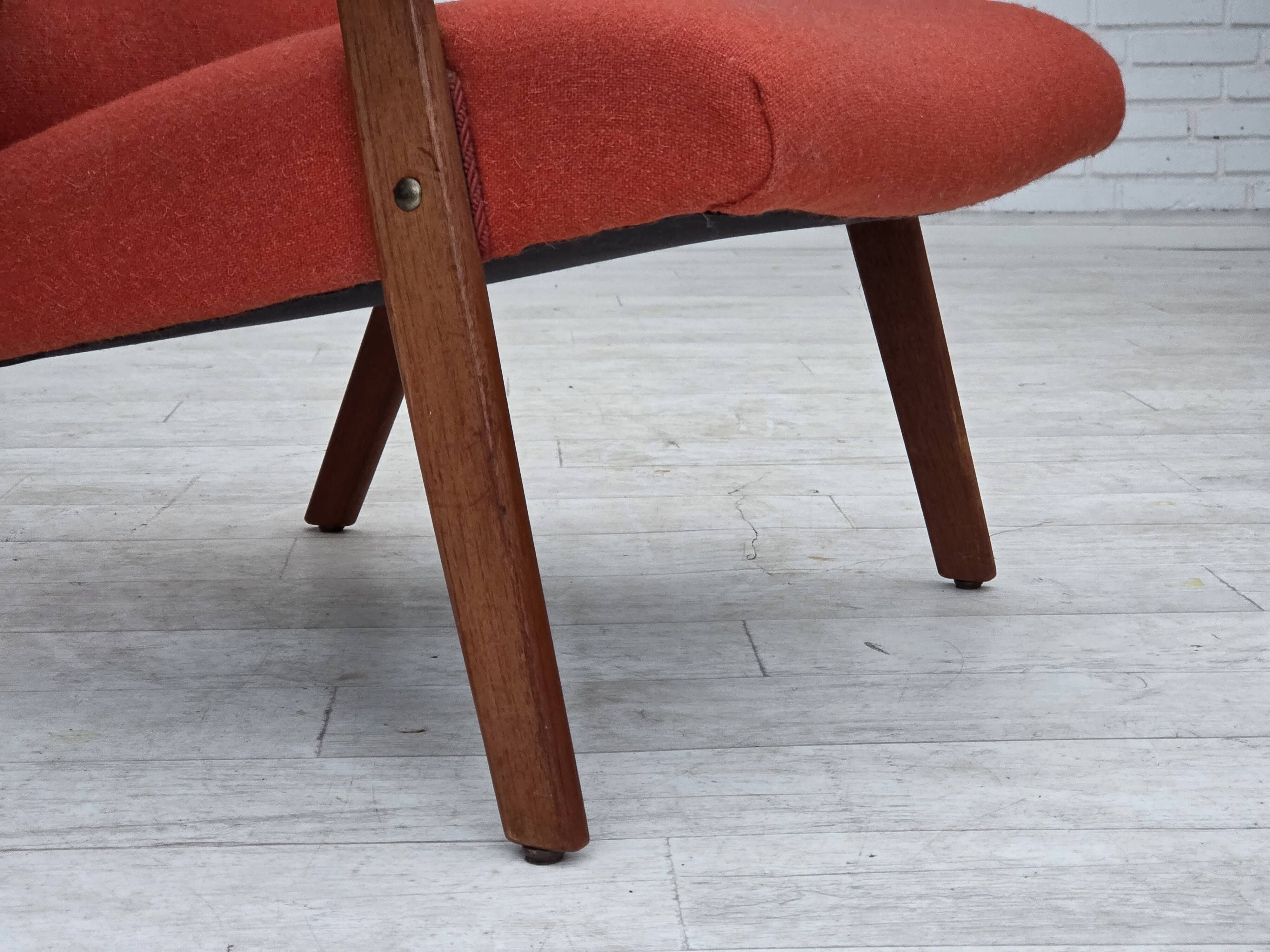 1970s, Danish highback armchair, furniture wool, teak wood, oak wood.