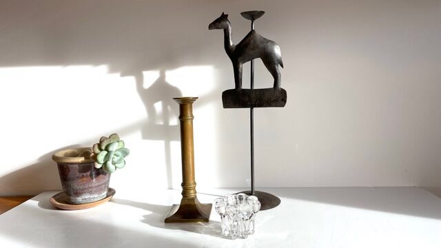 Trio de bougeoirs laiton cristal métal vintage