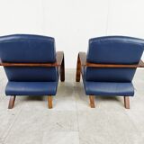 Pair of bentwood and blue leather armchairs, 1970s
