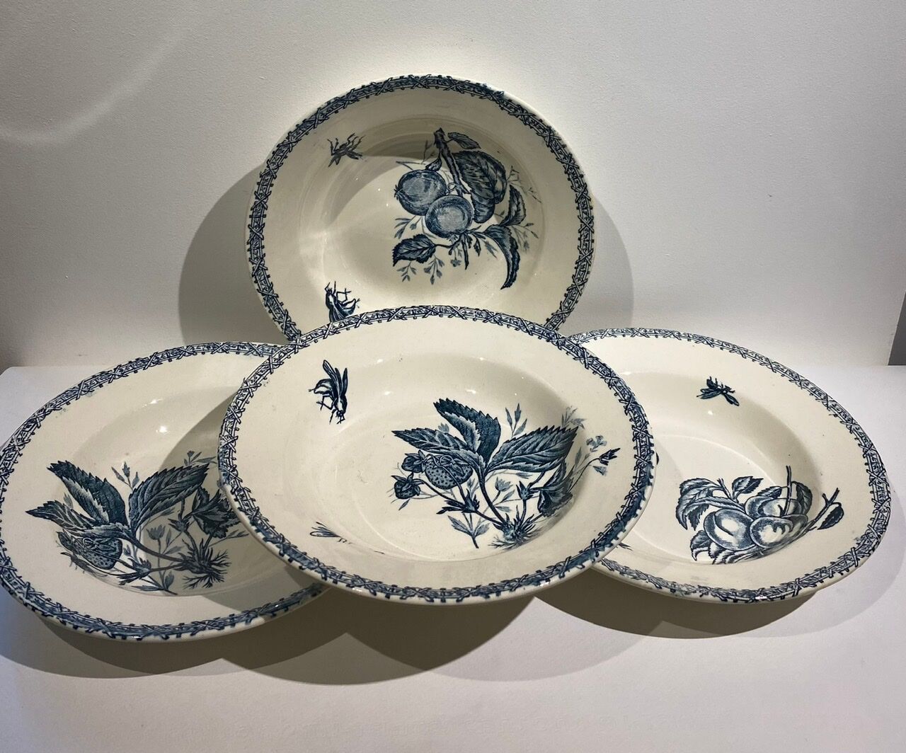 Set of 4 hollow plates, decoration insects and fruits, Manufacture Choisy le Roi Tere de Fer