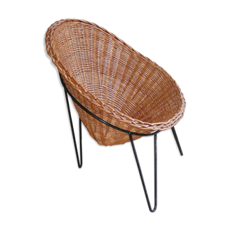 Rotin armchair shell tripod vintage 50s
