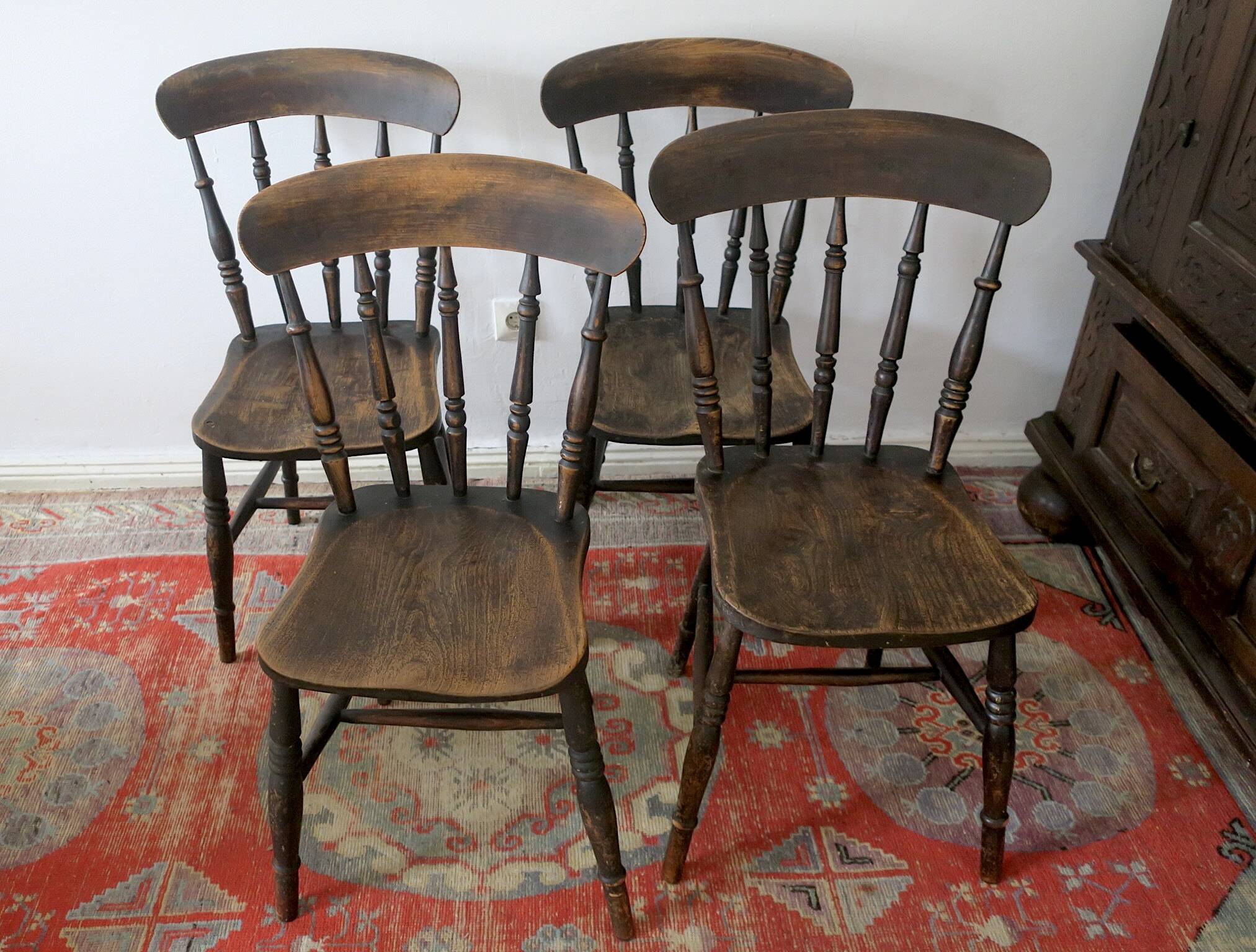 Antique set of 4 farmhouse patinated oak dining chairs, 19th century