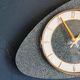 Vintage formica clock silent asymmetrical wall pendulum "Round golden green"