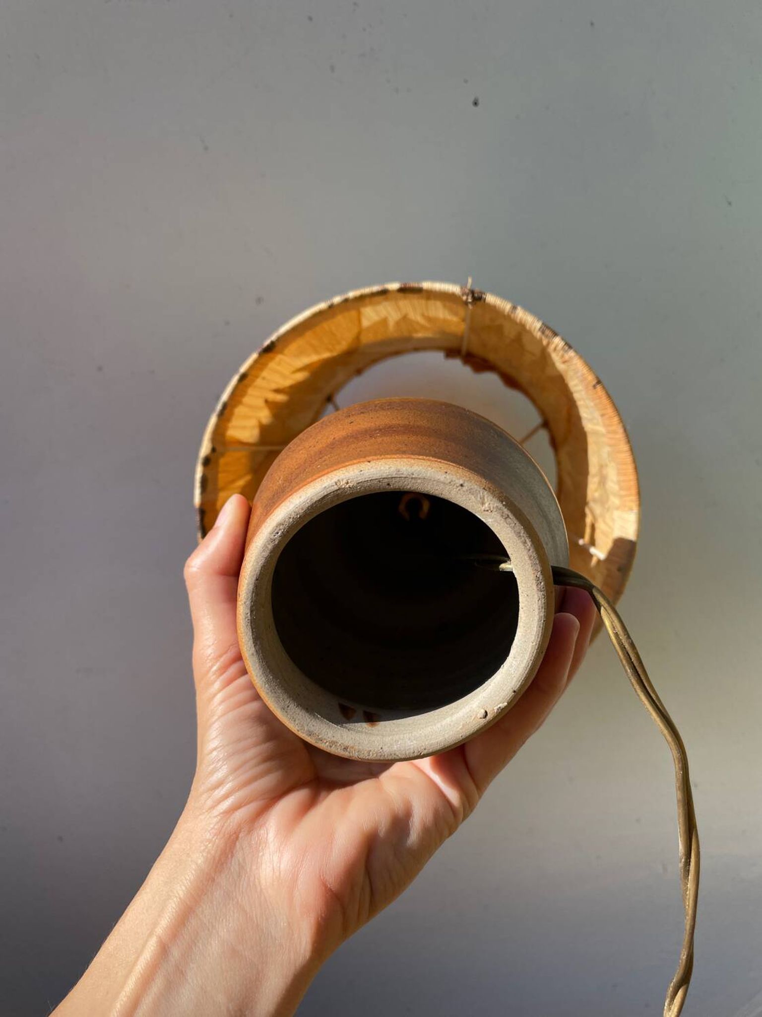 Lampe en céramique marron 1970 et abat jour feuillage