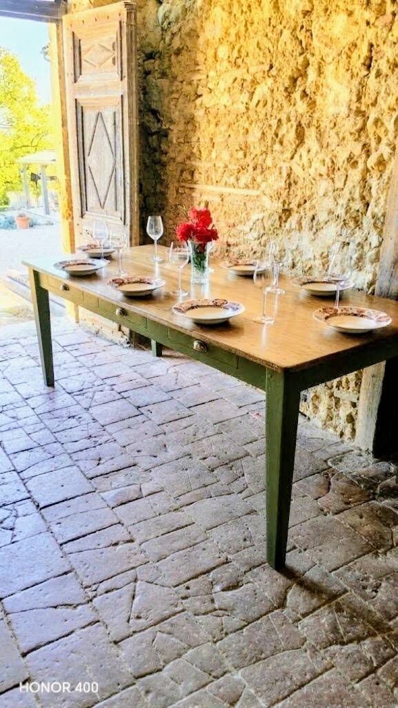 Solid oak farmhouse table "raw" 247x89, "chocolate oak" top