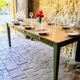 Solid oak farmhouse table "raw" 247x89, "chocolate oak" top