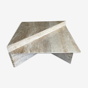 Pair of triangular travertine tables