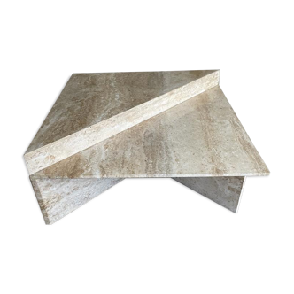 Pair of triangular travertine tables