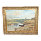 A.monier 1906: Huile Sur Toile "paysage Lacustre" / H112 X 140 Cm