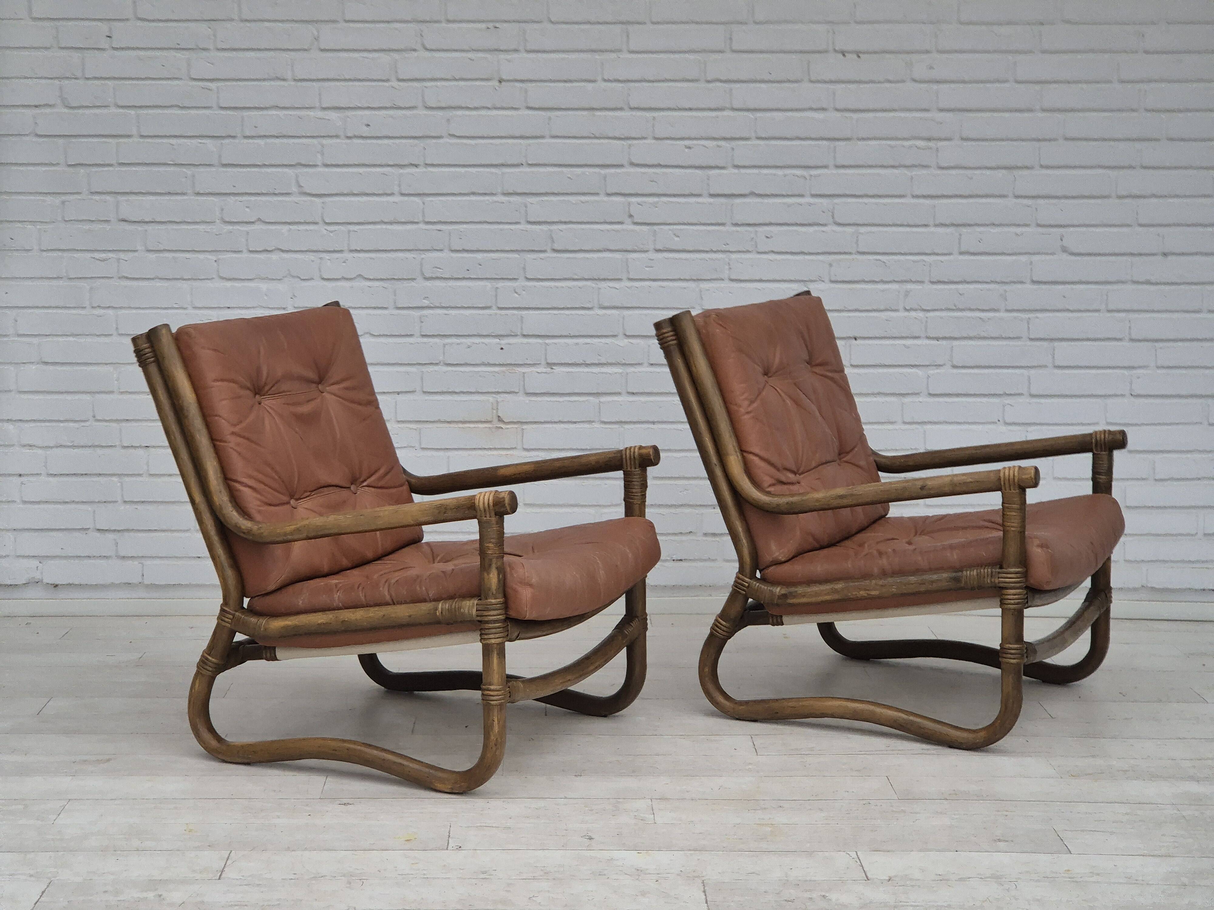 1970s, Scandinavian armchair, original very good condition, bamboo, leather.