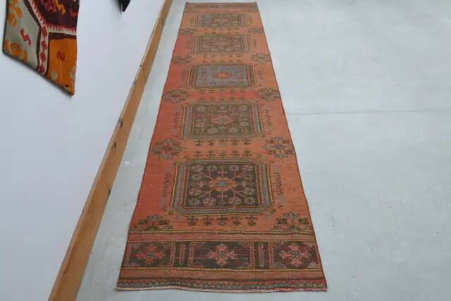Vintage Turkish Hand-Knotted Wool Cotton Brown Runner Rug 80x336